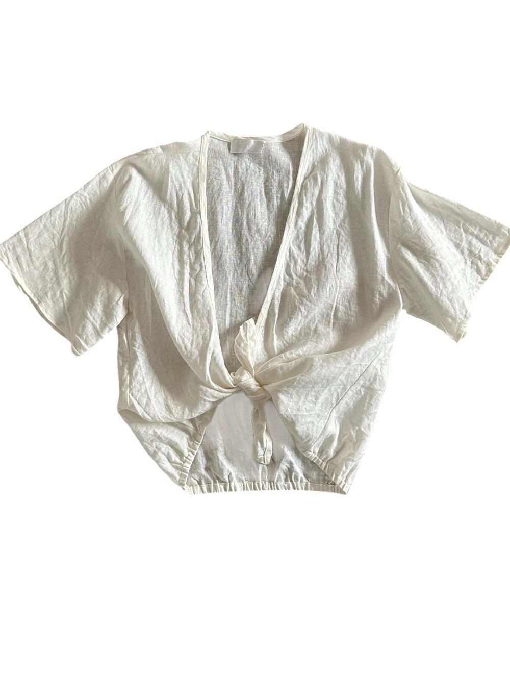 Monday Beachwear White 100% Linen Tie-Front Short Sleeve Top